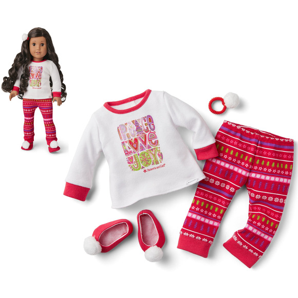 American Girl Doll PEACE LOVE & JOY PAJAMAS Top Pants Pom Pom Slippers Hair Tie!